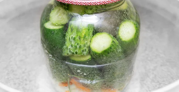 Jar Cucumbers Cooked Pot Boiling Water Preparing Winter — Foto de Stock