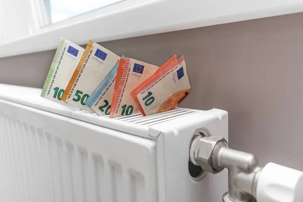 Euro money on the radiator. Heat and economy.