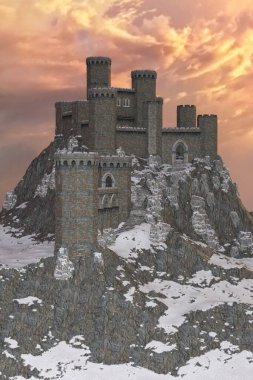 Gün batımında karlı destansı kale.