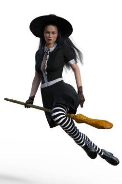 Black-haired witch riding a broom.
