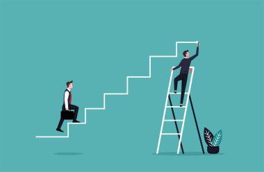 İş adamı ortağının hedefe ulaşması için çizgiler çiziyor. İş takım çalışması ve organizasyon konsepti vektör çizimi.