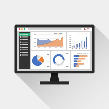 Bilgisayar ekranı simgesindeki Web analitik bilgileri. eğilim grafikleri kavramı rapor eder. Planlama ve muhasebe, analiz, denetim, yönetim, pazarlama, araştırma vektörü illüstrasyonu için istatistiksel grafikler.