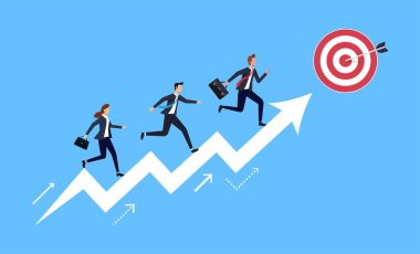 Hedefe ok sembolüyle koşan bir grup insan. Başarı için iş konsepti.