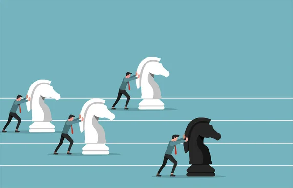 騎士のチェス駒を押すビジネスマンは勝者のベクトルイラストになります 事業コンセプトにおける競争戦略 — ストックベクタ