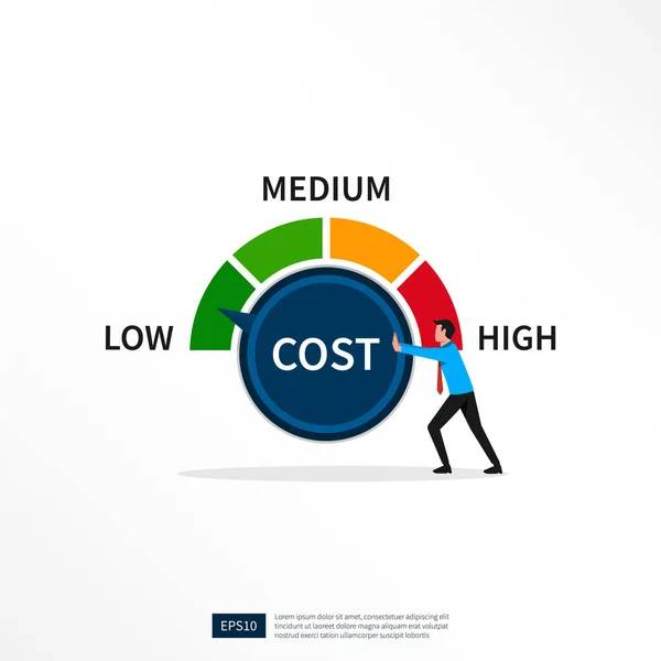 Empresario Girando Costo Marcar Una Ilustración Baja Reducción Costes Reducción — Vector de stock