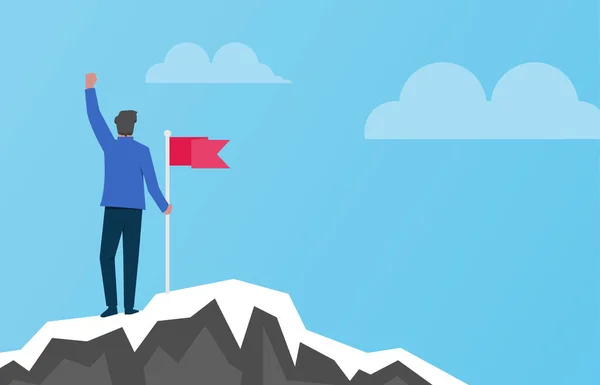 Człowiek Czerwoną Flagą Szczycie Górskiej Ilustracji Pomyślna Koncepcja — Wektor stockowy