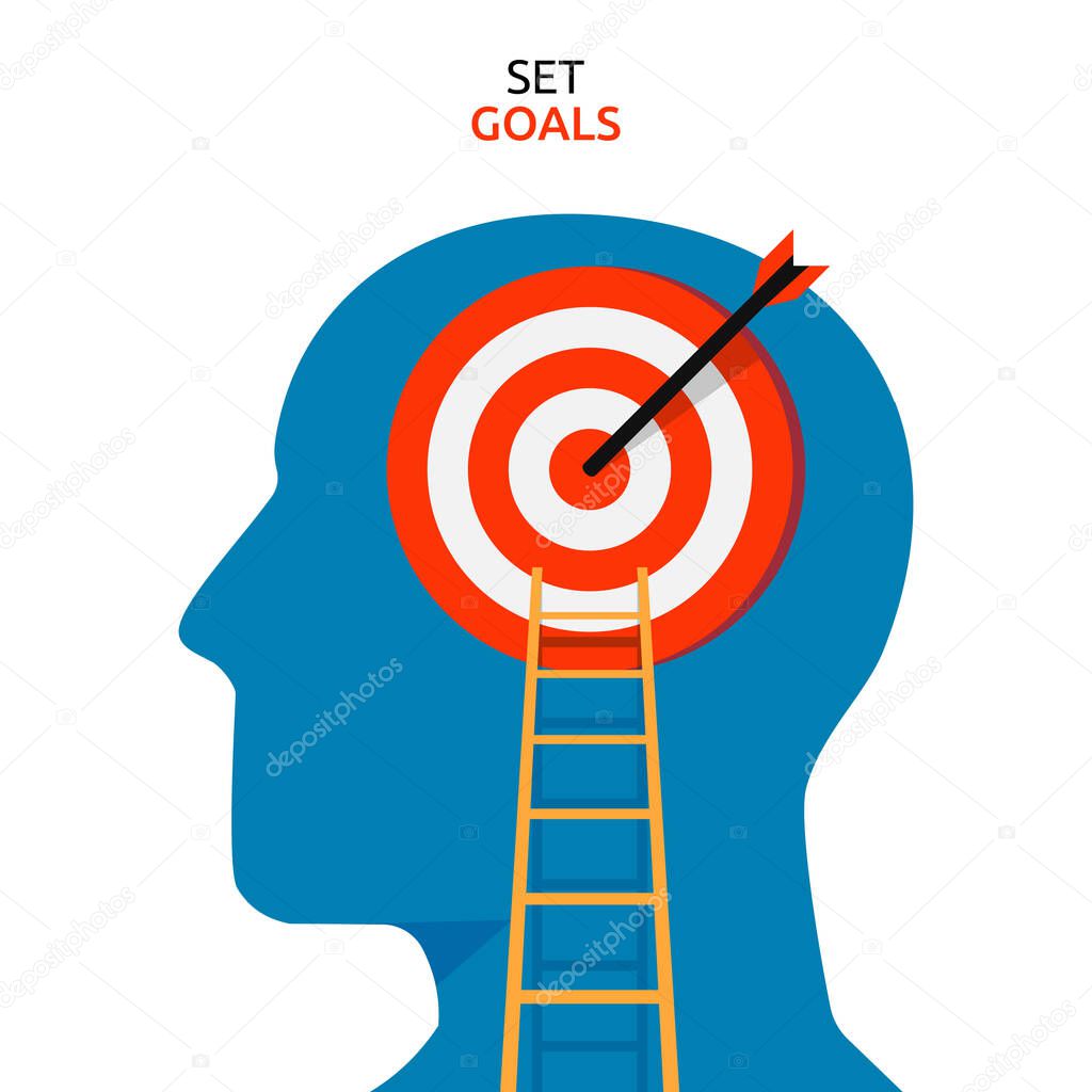 Human heads symbol with arrow on target concept. Set new goals to achieve success vector illustration