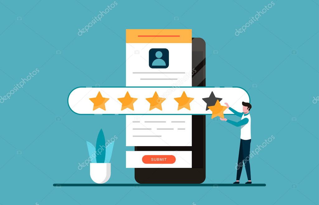 Customer experience and satisfaction concept. A man giving five stars for feedback illustration.