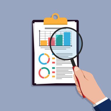 Denetim araştırma vektörleri simgesi, finansal rapor veri analizi, grafik ve diyagramlarla analitik muhasebe kavramı