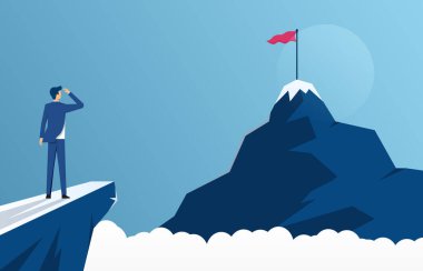 Uçurumun kenarında duran ve dağa bakan iş adamı, iş konsepti meydan okuması ve hedef