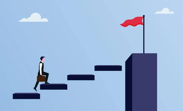 Empresário Andando Escadas Para Bandeira Símbolo Ilustração Crescimento Carreira Desenvolvimento —  Vetores de Stock