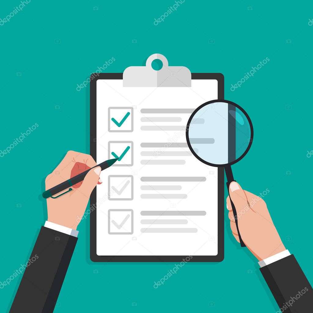 Clipboard with checklist paper, hands fill and checking document, flat vector icon