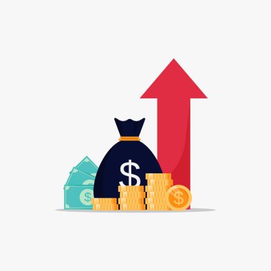 Artan ok ve para çuvalı vektör illüstrasyonlu iş kârı