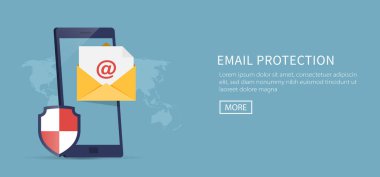 E- posta koruma kavramı. Güvenlik kalkanı çizimine sahip düz cep telefonu