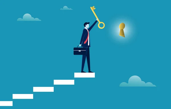 Businessman Climbing Stairs Put Big Key Symbol Problem Solution Business — Stock Vector
