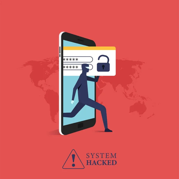 해커가 전화로 데이터 개념을 훔치고 시스템 해킹당했다는 사이버 일러스트 — 스톡 벡터