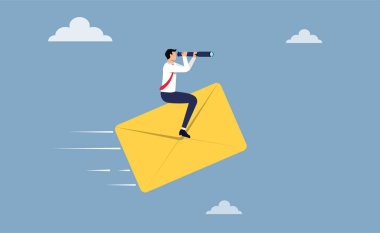 Bizimle irtibata geç, e-posta, müşteri hizmetleri konsepti. Posta zarfı vektör illüstrasyonunda teleskop tutan bir işadamı