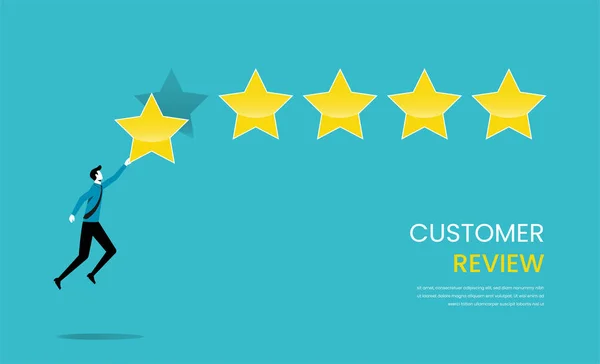 お客様からのフィードバック5つ星評価 評価ランキングサイン 最高のマークベクトルイラストを与えるビジネスマン — ストックベクタ