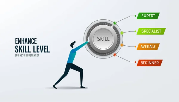 Enhance Level Skill Increasing Skills Level Businessman Turning Skill Knob — Stock vektor