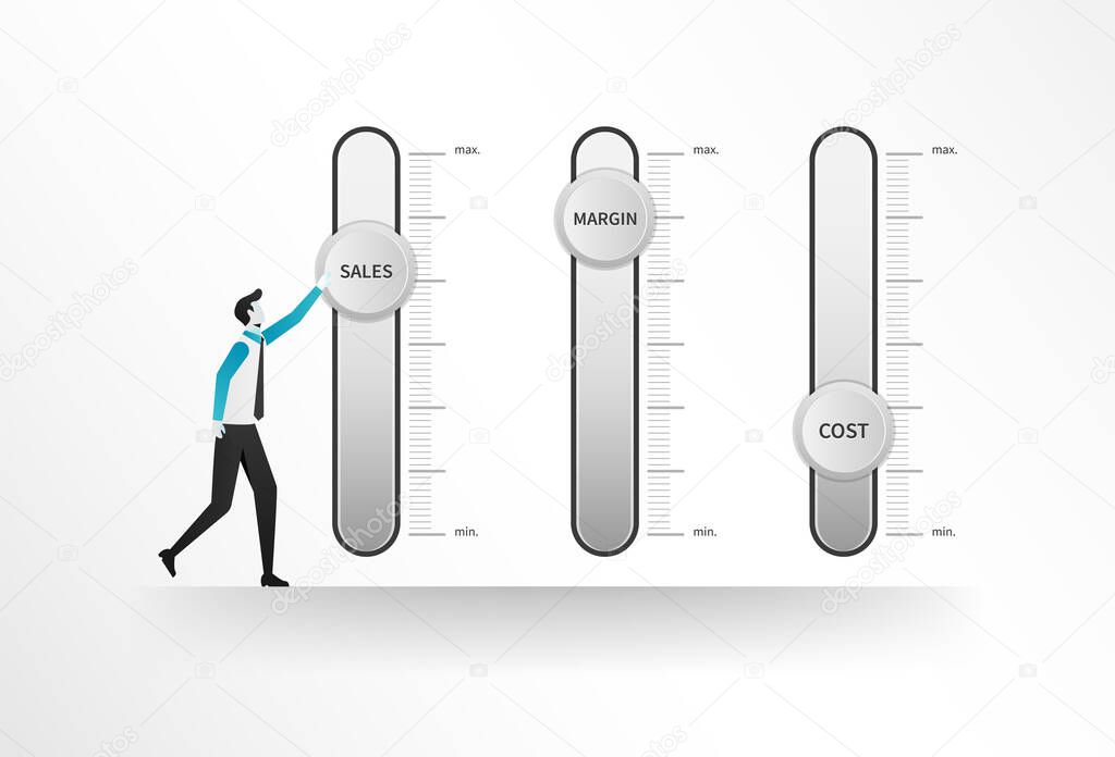 Profitability concept. Business process control panel for sales, margin and costs. Businessman adjust a profitability levels mixer. Profit and business growth.