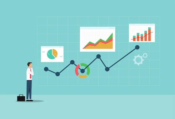 Business Analysis Statistics Concept Design Businessman Analyzing Data Statistical Graphs — Stock Vector