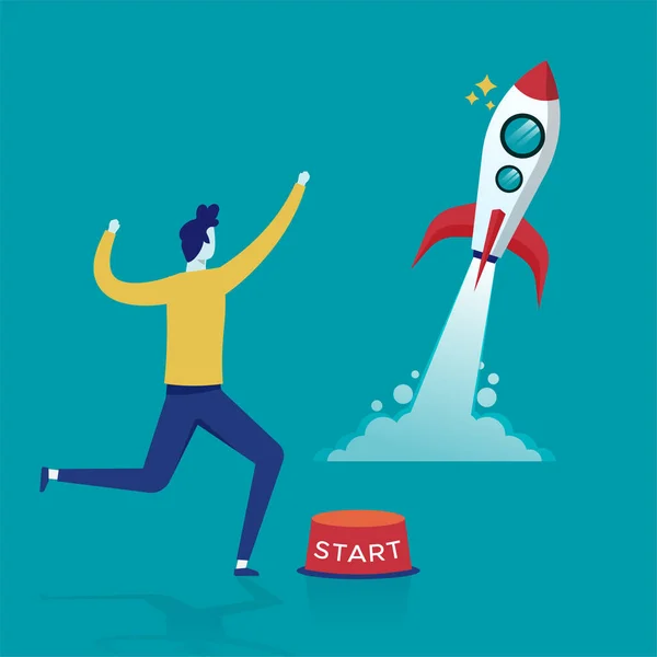 Businessman Feels Joy Start Launch Rocket New Startup Business Vector — Stockvector