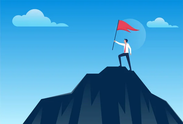 Businessman Holding Success Flag Top Mountain Business Success Leadership Achievement — Image vectorielle