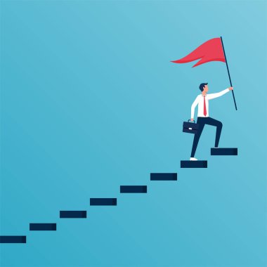 Successful businessman hold red flag on the top of ladder. Success achievement and development, Personal growth and overcome challenge