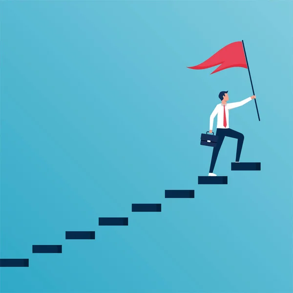 Успешный Бизнесмен Держит Красный Флаг Вершине Лестницы Достижение Развитие Успеха — стоковый вектор