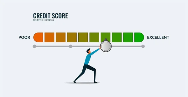 Man Pushes Credit Score Arrow Gauge Indicator Color Level Measurement — Stock vektor