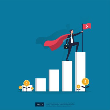 Successful businessman with cape standing at the top. career planning, the path to the goal, improvement and development to achieves success