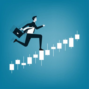 Concept business vector illustration. Running for finance success. Businessman running upwards on a business graph symbol