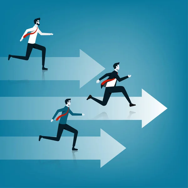 Business Competition Concept Three Business Persons Running Arrow Winner — Stockvector