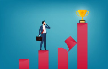 Business solution and strategy to reach success. Businessman standing and thinking to reach the trophy symbol to achieve a goal