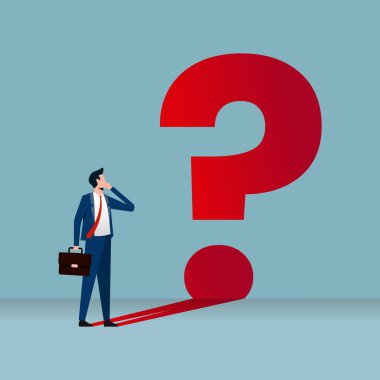 Thoughtful businessman thinking. Businessman and his big question mark shadow