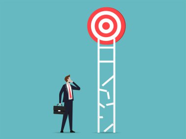 Businessman look at the ladder and think to achieve the target. Business obstacle and find best solution
