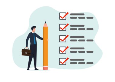 Elinde kalem kenesi tutan bir işadamı. Tamamlanmış görev kontrol kutusu. İşleri halletmek, görevleri tamamlamak ya da iş başarısı kavramı.