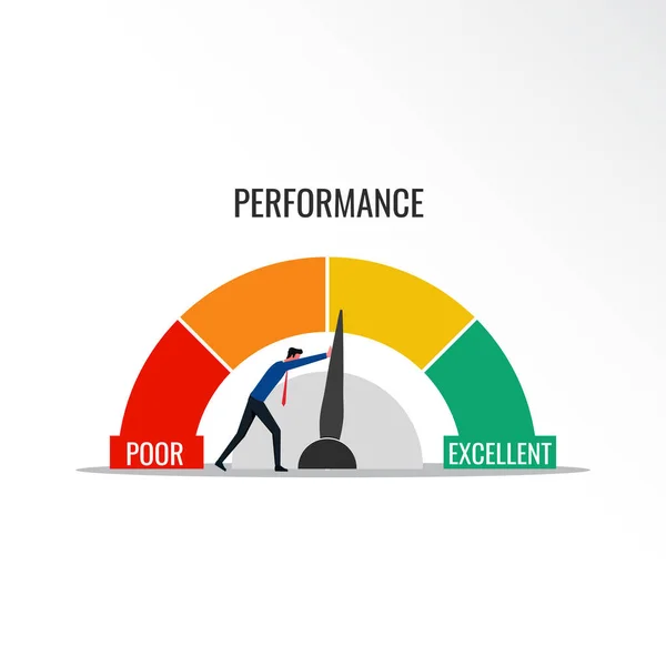 Indicateur Performance Amélioration Évaluation Performance Avec Homme Pousse Indicateur Aiguille — Image vectorielle