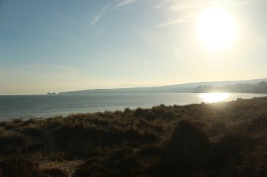 Bournemouth ve Wight Adası manzaralı Studland Körfezi 'ni kışın ortasında sahilden keşfetmek.