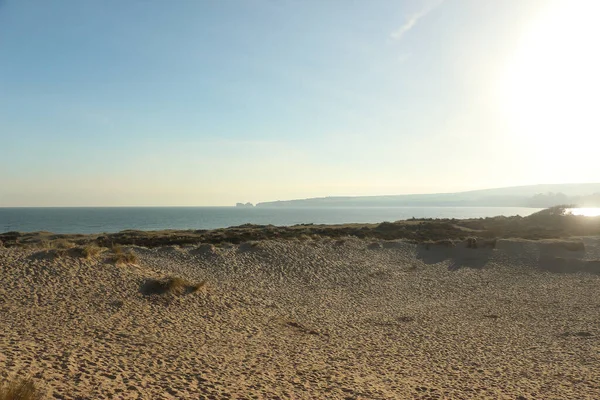Bournemouth ve Wight Adası manzaralı Studland Körfezi 'ni kışın ortasında sahilden keşfetmek.