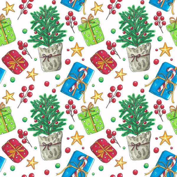 Bezproblémový vzor vánočního stromku, dárky, hvězdy, jmelí. Ruční kresba, náčrtek značky. Pro navrhování stránek, příspěvků, publikací, stránek, sociálních sítí, tisků — Stock fotografie