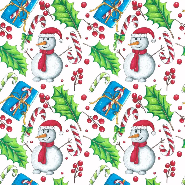 Bezešvé vánoční vzor sněhuláka, dárek, karamel, jmelí. Ruční kresba, náčrtek značky. Pro navrhování stránek, příspěvků, publikací, stránek, sociálních sítí, tisků — Stock fotografie