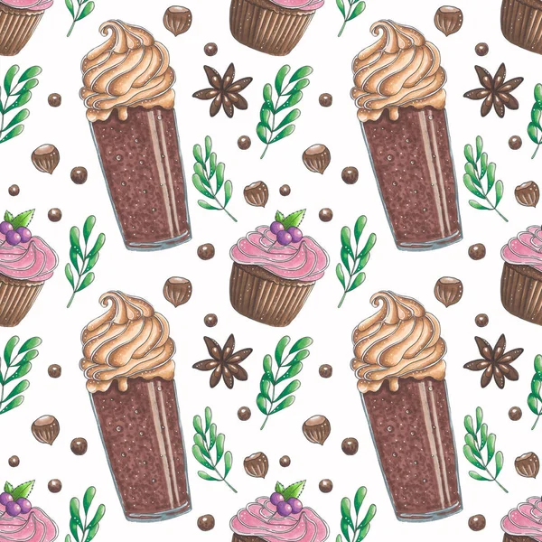 Seamless christmas pattern of a cup of cocoa with cream, cupcake, star anise, nuts, mistletoe. Hand drawing, marker sketch. For the design of sites, posts, publications, sites, social networks, prints — Stock Photo, Image