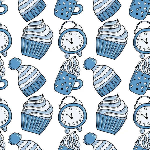 Detalles de invierno patrón sin costuras con ilustraciones de garabatos.Sombrero, magdalena, despertador, café con crema en una taza hermosa. Ilustración en tonos azules para papel de regalo, textiles, decoraciones. — Vector de stock