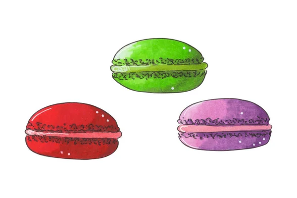 Bright sweet illustration of multicolor macarons. Hand drawing, marker clipart on white background. For the design of sites, posts, publications, prints, your own designs — Foto de Stock
