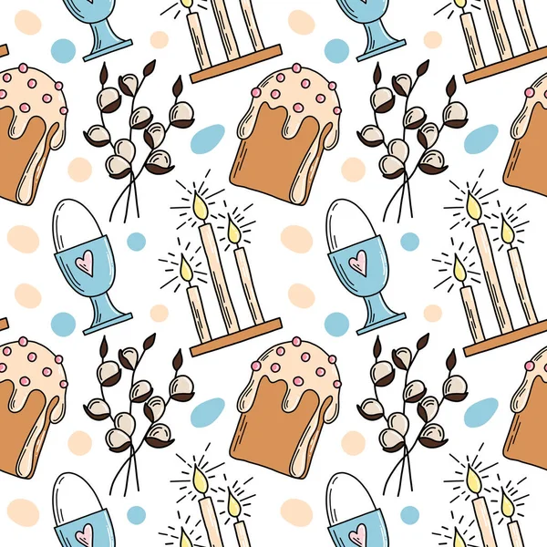 Easter details seamless pattern with doodle illustrations. Willow, Easter cake, candles, egg in a stand. Bright vector Illustration for wrapping paper, textile, print, decorations. — Stock Vector