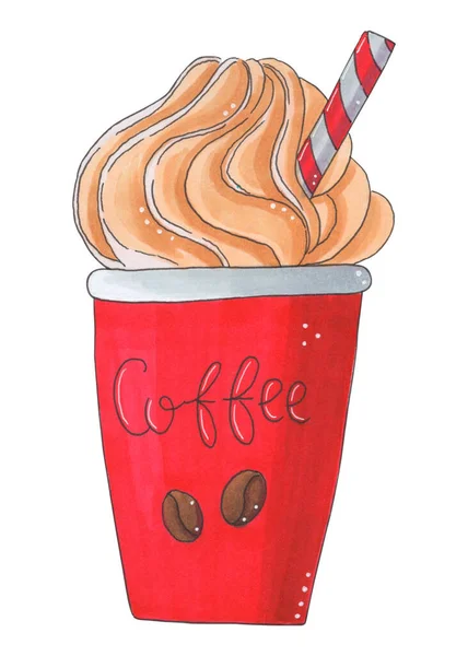 Bright sweet illustration of coffee with cream. Hand drawing, marker clipart on white background. For the design of sites, posts, publications, prints, your own designs. — Stock Photo, Image