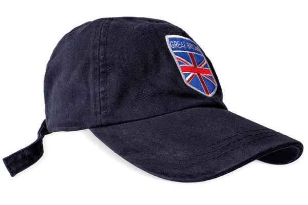 Ένα Μαύρο Καπέλο Του Μπέιζμπολ Βρετανική Σημαία Λευκό Φόντο Απομονωμένο — Φωτογραφία Αρχείου