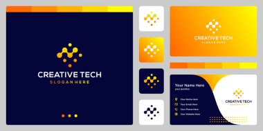 Teknoloji stili ve gradyan renkleriyle ilham verici analitik logo şekilleri. İş, finans, internet ve teknoloji ikonları. Kartvizit tasarım şablonu.