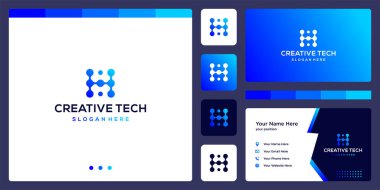 İlham logosu H harfi soyut ve teknoloji stili ve gradyan renk. İş, internet ve teknoloji ikonları. Kartvizit şablonu.